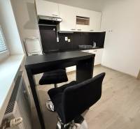 Kuchyně s posezením a podlahou s dřevěným dekorem v 1-pokojovém bytě.