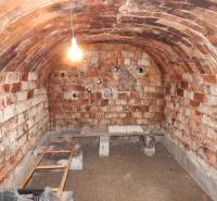 Sklep s cihlovými stěnami a klenutým stropem v rodinném domě.