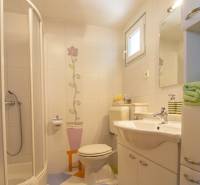 Koupelna v Rekreačním apartmánu s květinovými obklady a bílým umyvadlem.