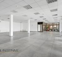 Prostorné obchodní prostory s dlažbou, velkými okny a bílými stěnami.