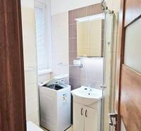 Koupelna v garsonce s pračkou, sprchovým koutem a umyvadlem.