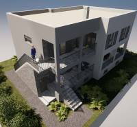 Rekreační apartmán v Čiovu s terasou a schodištěm obklopený zelení.