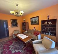 Obývací pokoj v dvoupokojovém bytě s oranžovými stěnami, dekorativním kobercem a podlahou s dřevěným dekorem.