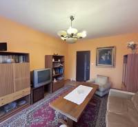 Obývací pokoj s retro nábytkem v 2-pokojovém bytě, podlaha s dřevěným dekorem, koberce.