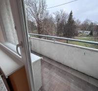 Balkon 2-pokojového bytu s výhledem na okolí, dlažba, stromy.