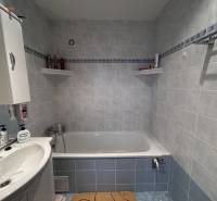 Koupelna s vanou, umyvadlem a poličkami v 2-pokojovém bytě s modrými obkladačkami.