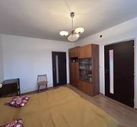 Ložnice v 2-pokojovém bytě s postelí, skříní a podlahou s dřevěným dekorem.