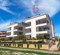 Rekreační apartmán ve městě Pag s moderní architekturou, přilehlou zelení a pohodlnými balkony.