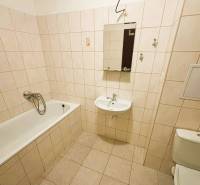 Koupelna dvoupokojového bytu s klasickou vanou a obkladem v neutrálních tónech.