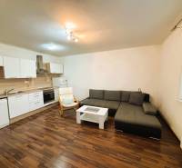 Obývací pokoj v 2-pokojovém bytě s rohovou sedačkou a kuchyňskou linkou.