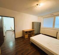 Ložnice v dvoupokojovém bytě s podlahou s dřevěným dekorem a jednoduchým nábytkem.