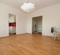 Pokoj s podlahou s dřevěným dekorem, bílým nábytkem a červenou kuchyňskou stěnou.