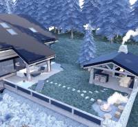 Vizualizace rekreační chaty s altánem a ohništěm v lokalitě Pozemky - bydlení, Mýto pod Ďumbierom.