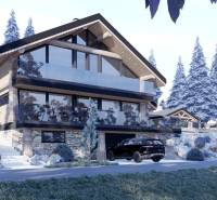 Dřevěná chalupa se zasklenou terasou v zimní krajině v Mýtě pod Ďumbierom.