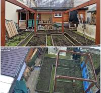 Zahrada u rodinného domu na Laborecké ulici ve Spišské Nové Vsi se záhonem.