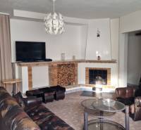 Obývací pokoj s krbem v rodinném domě, kožené křeslo a konferenční stolek.