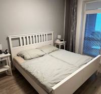 Ložnice s podlahou s dřevěným dekorem a jednoduchou postelí v 2pokojovém bytě.