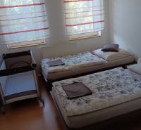 Dětská postýlka a dvě postele v ložnici s podlahou s dřevěným dekorem.