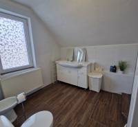 Koupelna s podlahou s dřevěným dekorem v rodinném domě, vybavená WC, umyvadlem a vanou.