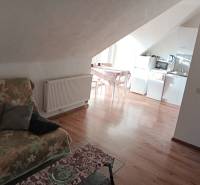 Podkrovní prostor v rodinném domě s kuchyní, květinovou pohovkou a podlahou s dřevěným dekorem.