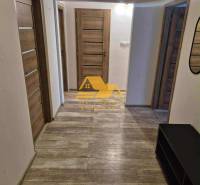 Chodba ve 3-pokojovém bytě s podlahou s dřevěným dekorem a několika dveřmi.