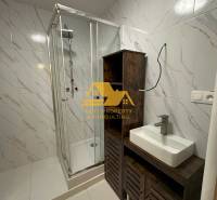 Koupelna v 2-pokojovém bytě s bílými dlaždicemi, sprchovým koutem a umyvadlem na skříňce.