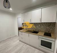 Kuchyně v 1-pokojovém bytě se světlou linkou a podlahou s dřevěným dekorem.