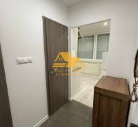 Interiér 1-pokojového bytu s dlažbou a podlahou s dřevěným dekorem.