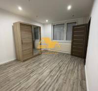 Prostorný pokoj s posuvnou skříní a podlahou s dřevěným dekorem v 1-pokojovém bytě.