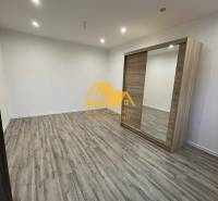 Interiér 1-pokojového bytu s podlahou s dřevěným dekorem a vestavěnou skříní.