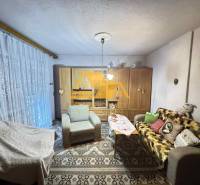 Obývací pokoj v rodinném domě s pohovkou, koberec a skříně s dekoracemi.