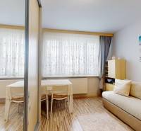 Obývací pokoj v 3-pokojovém bytě s pohovkou, stolem a podlahou s dřevěným dekorem.