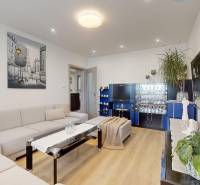 Obývací pokoj v 3-pokojovém bytě s dekorativním obrazem a podlahou s dřevěným dekorem.