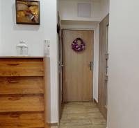 Chodba v 3-pokojovém bytě s komodou, podlahou s dřevěným dekorem a ozdobnou dekorací na dveřích.