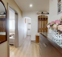 Chodba 3pokojového bytu se zrcadlem, dřevěnými detaily a dekorativní květinou na komodě.