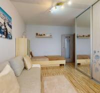 Pokoj s pohovkou, jedním lůžkem, skříní se zrcadlem a podlahou s dřevěným dekorem.