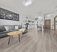 Obývací pokoj v 2+kk bytě s podlahou s dřevěným dekorem, šedou sedačkou a rostlinami.