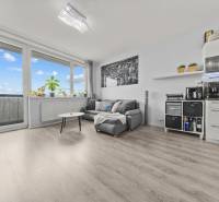 Obývací část 2-pokojového bytu s pohovkou, stolkem a podlahou s dřevěným dekorem.