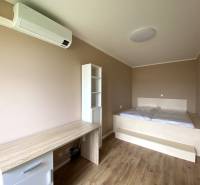 Ložnice ve 3pokojovém bytě s podlahou s dřevěným dekorem, postelí a psacím stolem.