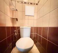 Koupelna se světlými a tmavě hnědými obklady v 2pokojovém bytě.