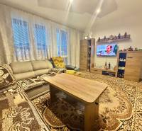 Obývací pokoj v 2pokojovém bytě s koberci, sedací soupravou a televizí.