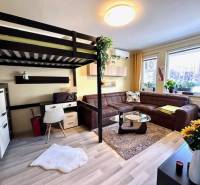 Obývací pokoj s patrovou postelí, sedačkou a podlahou s dřevěným dekorem v 1pokojovém bytě.