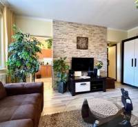 Obývací pokoj v 1-pokojovém bytě s rostlinami a podlahou s dřevěným dekorem.