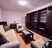 Obývací pokoj s pohovkou, křeslem, tmavým nábytkem a podlahou s dřevěným dekorem v 2pokojovém bytě.