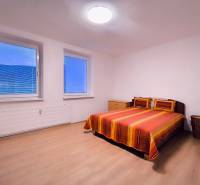 Ložnice v 2-pokojovém bytě s manželskou postelí, podlahou s dřevěným dekorem a jednoduchým nábytkem.