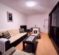 Obývací pokoj s pohovkou, dekorativními polštáři a podlahou s dřevěným dekorem ve 2pokojovém bytě.