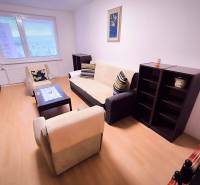 Obývací pokoj v 2pokojovém bytě s pohodlným sezením a podlahou s dřevěným dekorem.