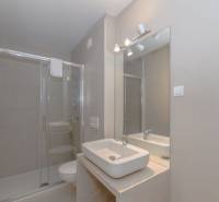 Koupelna v rekreačním apartmánu s umyvadlem, sprchovým koutem a velkým zrcadlem.