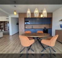 Interiér rekreačního apartmánu s podlahou s dřevěným dekorem a jídelním stolem.