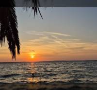 Západ slunce nad mořem, palmové listy v popředí, oceňující známky pro reality.